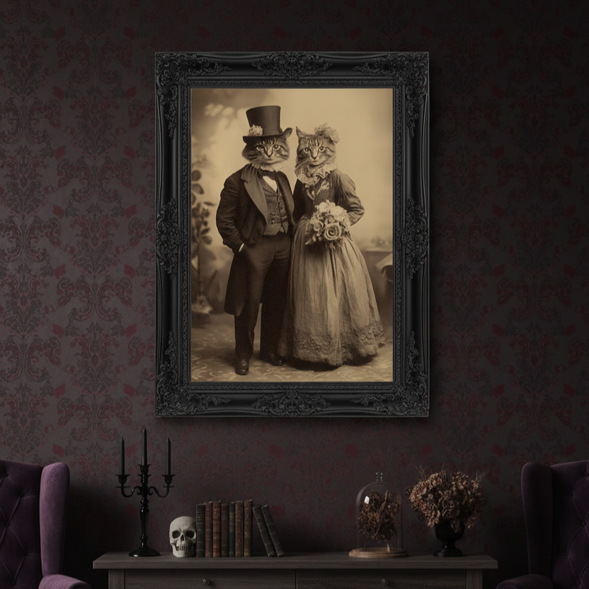 Framed picture of cats in formal attire on a dark wall with a table and chairs below.