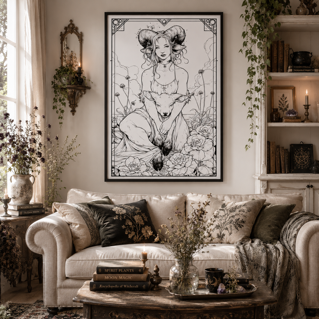 Fantasy Goddess Print, Tarot Inspired Wall Art, Ram Horn Maiden, Gothic Line Art, Mythical Decor print Wallart