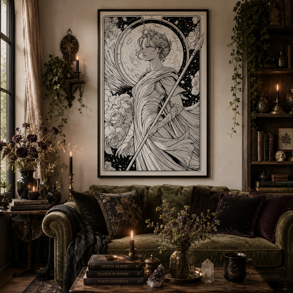 Celestial Goddess Print, Tarot Inspired Wall Art, Moon Priestess Illustration, Fantasy Line Art print Wallart