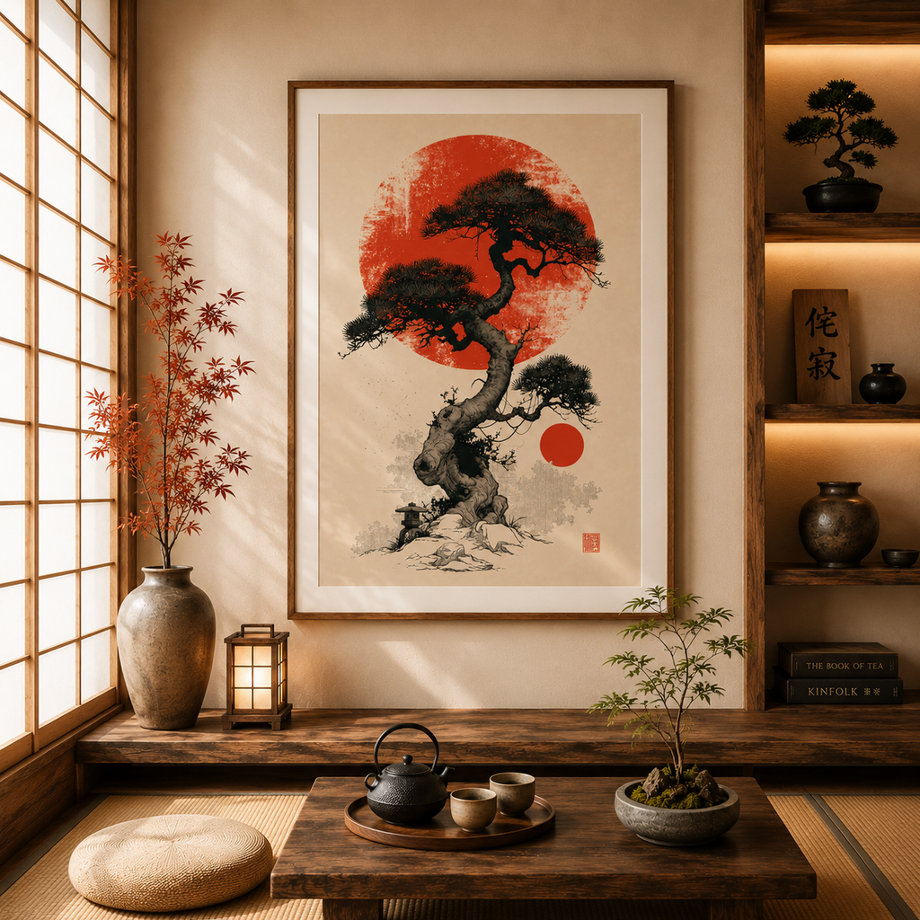 Japanese Bonsai Wall Art, Zen Tree Print, Japandi Decor, Wabi Sabi Wall Art, Minimalist Japanese Landscape, wallart, print