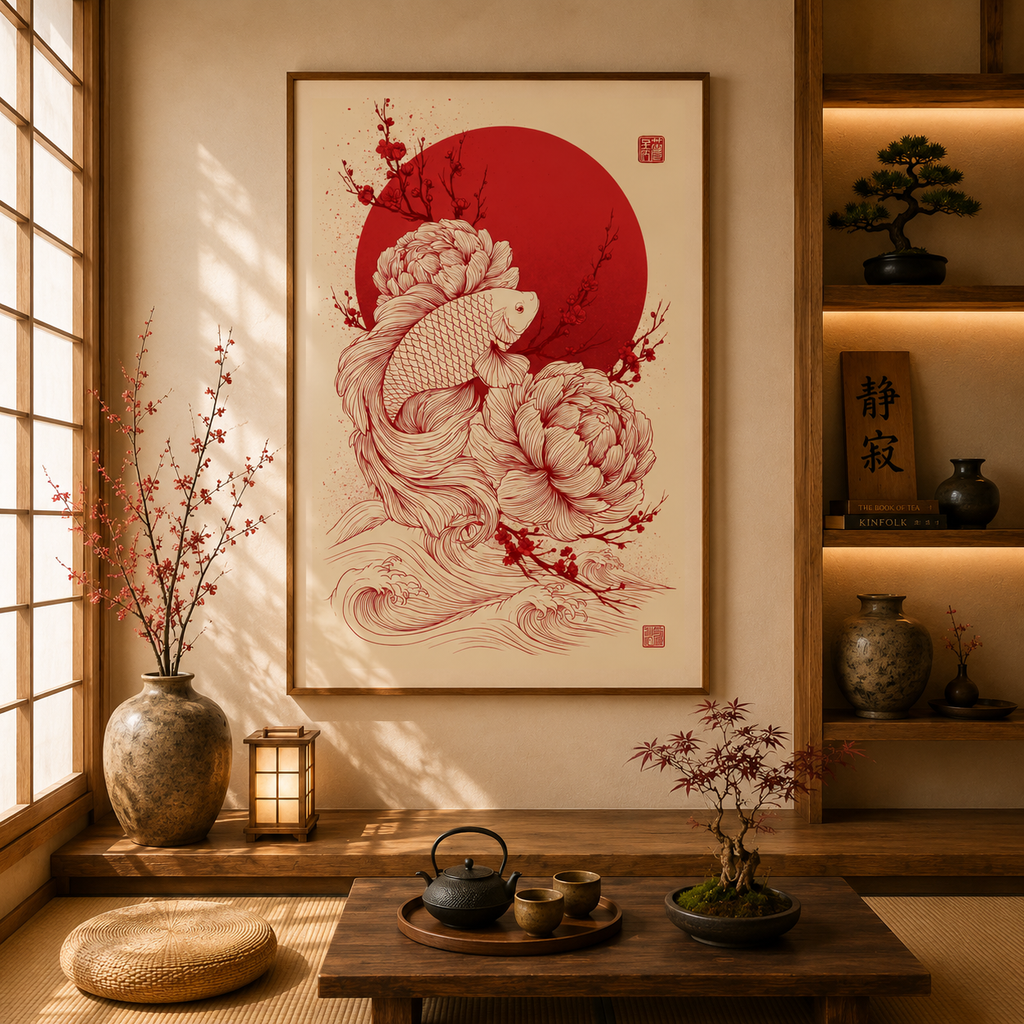 Japanese Koi Fish Wall Art, Peony Floral Print, Japandi Decor, Zen Botanical Artwork,  Minimalist Asian Wall Decor, wallart, print