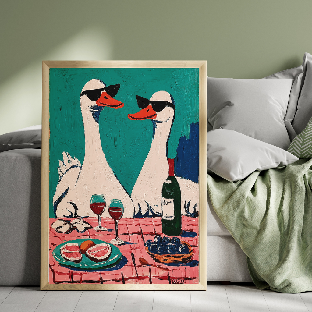Duck at the Cafe- drinking wine and eating lunch print Wallart