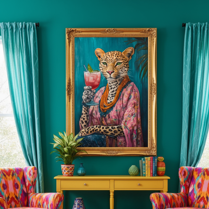 Colorful living room with a painting of a leopard, colorful chairs, and a yellow cabinet.