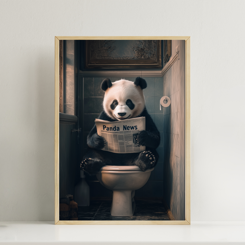 Panda on Toilet with Newspaper print
