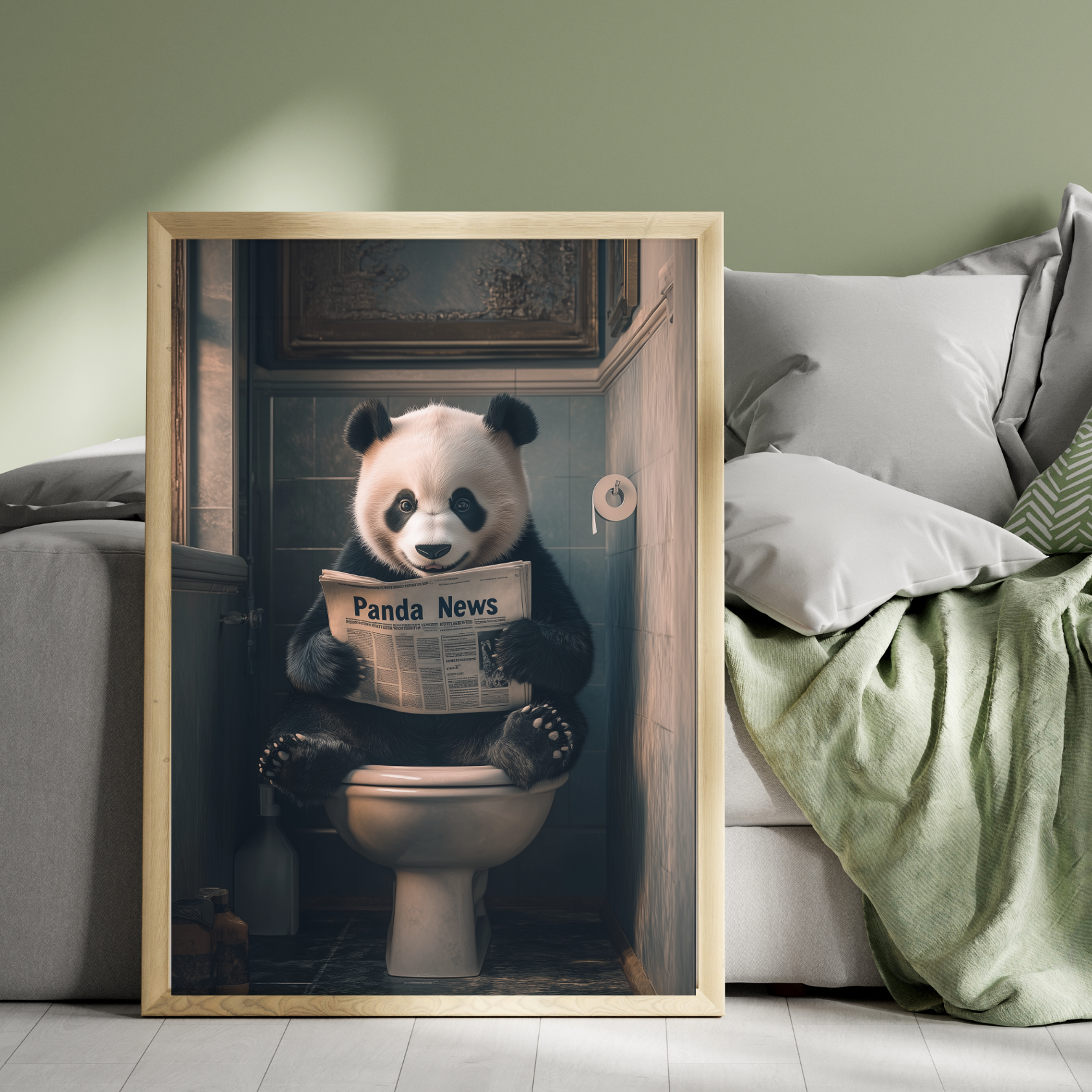 Panda on Toilet with Newspaper print – Big Art Shop