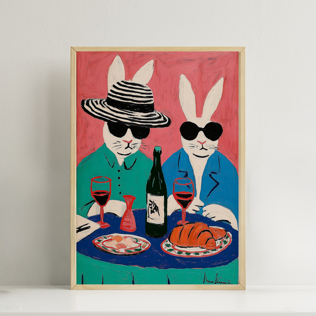 Rabbits having Lunch print Wallart