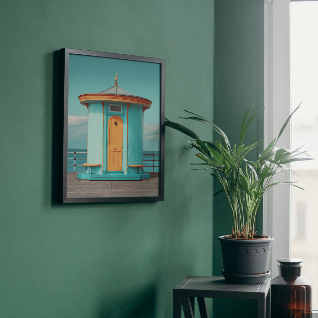 Retro Bathing Hut Blue and Orange print Wallart