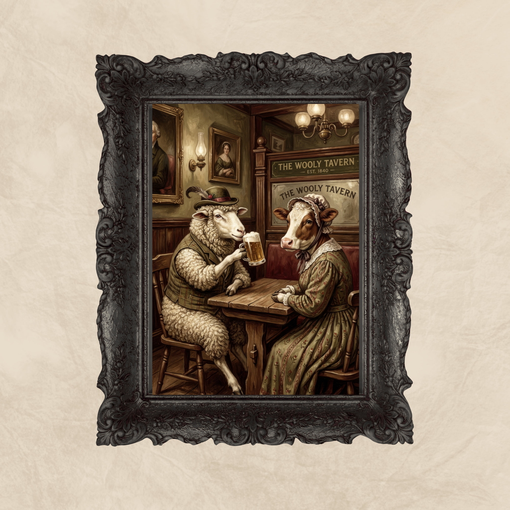 The Wooly Tavern - Cow and Sheep at the bar print Wallart