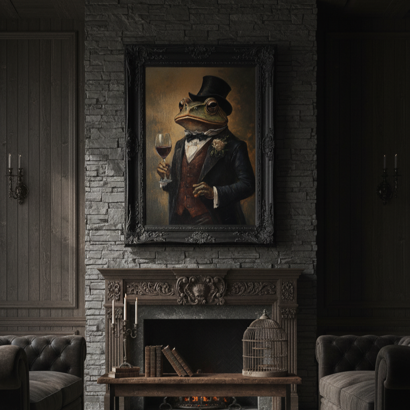 portrait of a frog in formal attire above a fireplace in a dimly lit room.