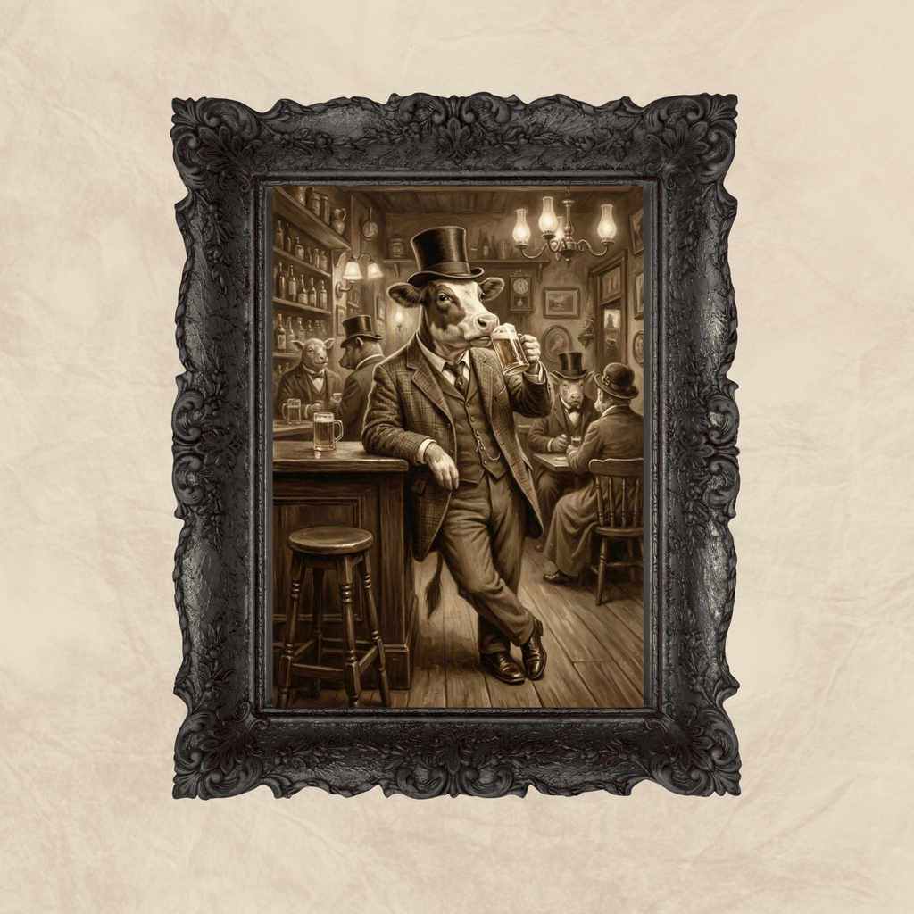 Victorian Cow Drinking Beer at the Bar print Wallart