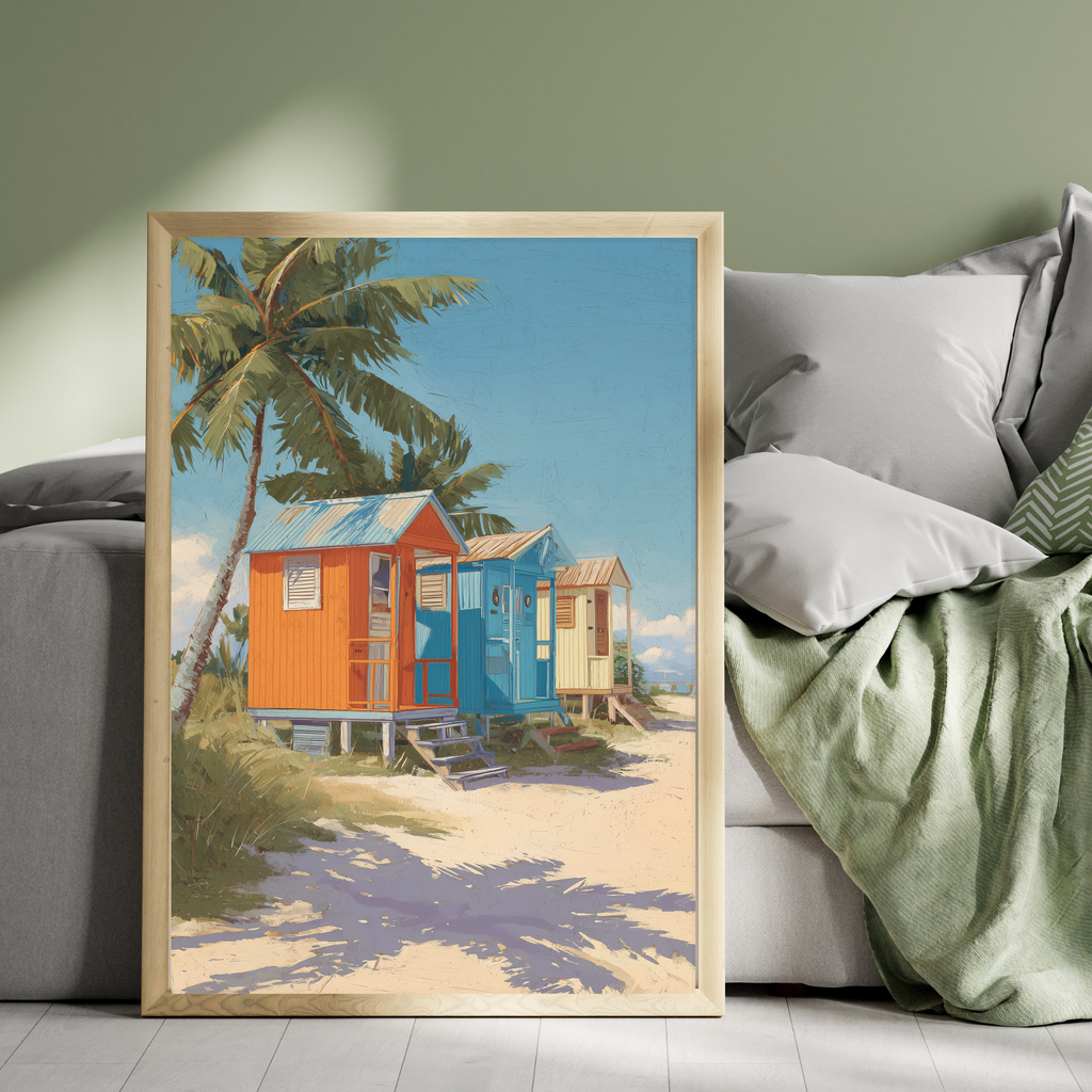 Vintage Beach Palms Bathing hut Art deco style artwork print Wallart