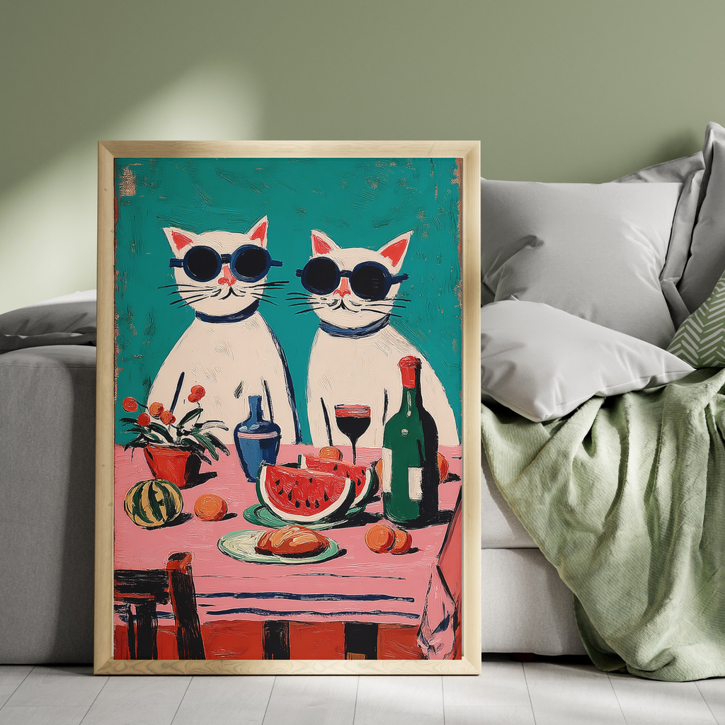 White Cats having lunch print Wallart
