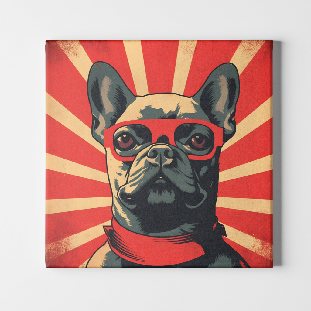 French Bulldog Red Glasses Framed Canvas