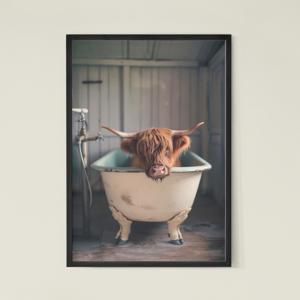 Highland Cow in A Roll Top Bath Print