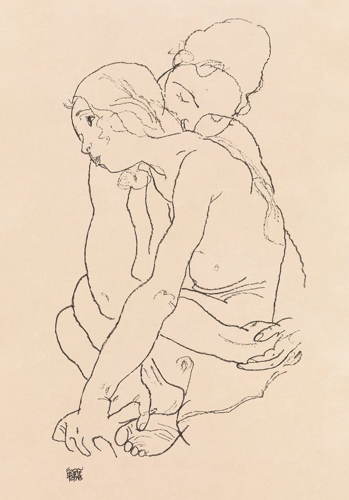 Woman and Girl Embracing (1918) by Egon Schiele. female line art drawing, Digitally enhanced