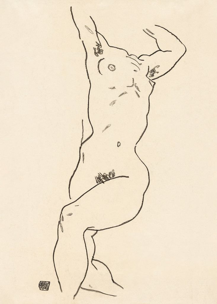 Naked woman. Torso of a Nude (1918) by Egon Schiele. Female line art drawing, Digitally enhanced