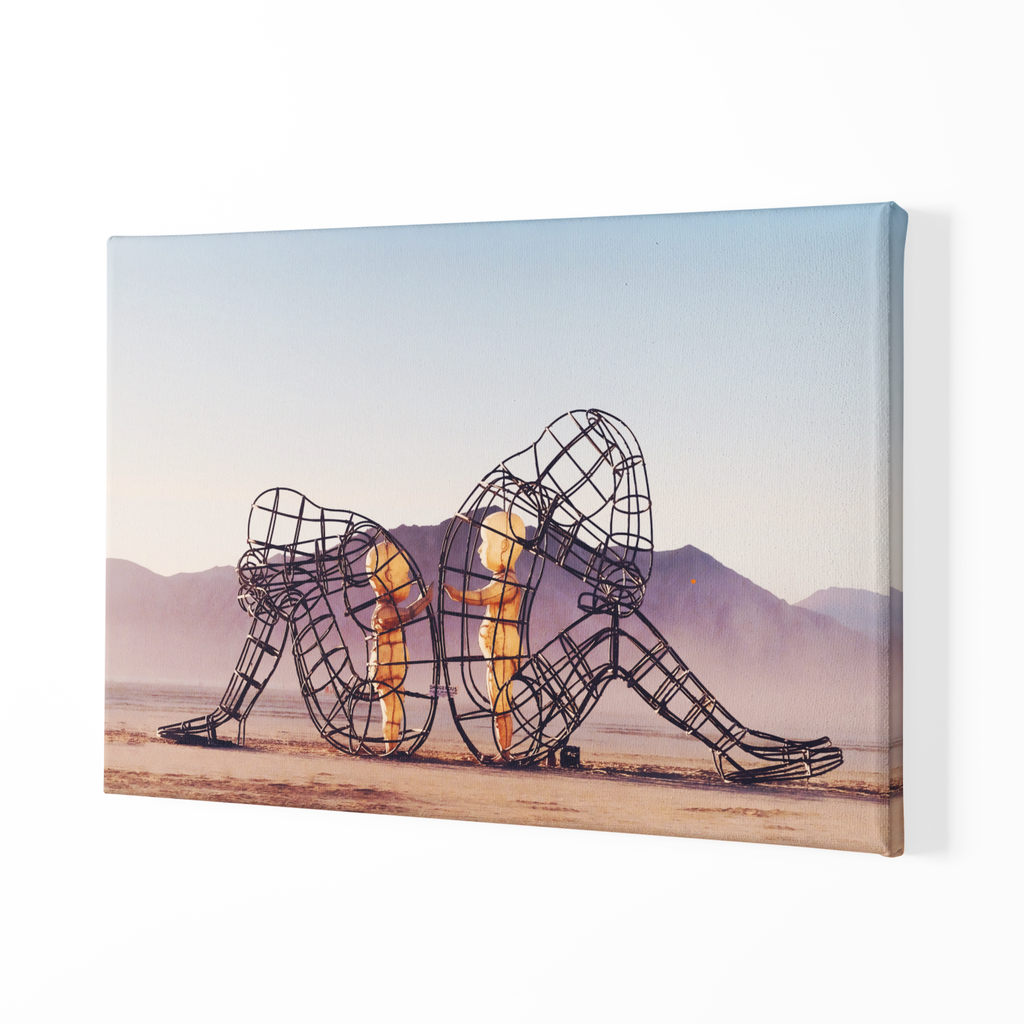 Inner Child Love framed Canvas, Burning Man 2 adults back to back while their inner child reach for each other