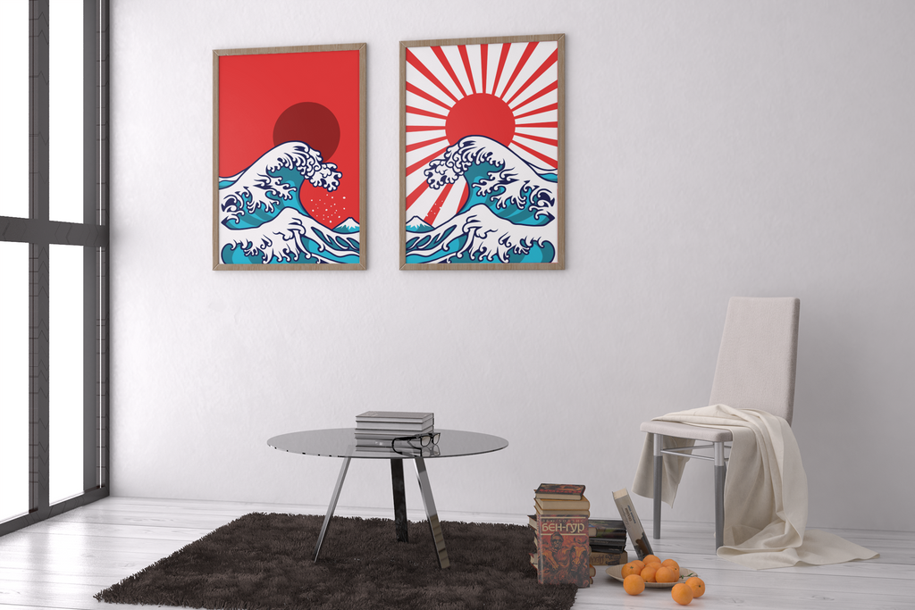 Japan wave illustration contemporary modern shape art prints | set of two prints, giclée art print in high resolution.