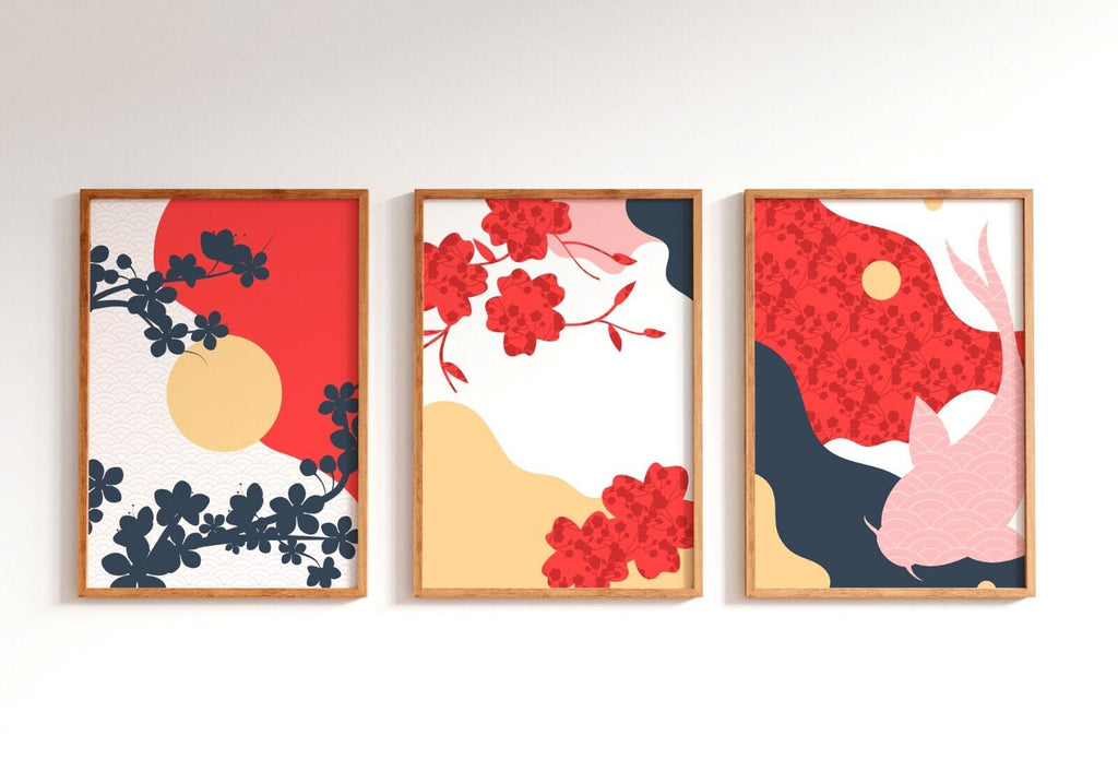 Pink Coy Carp and Flowers illustration art prints | set of three prints