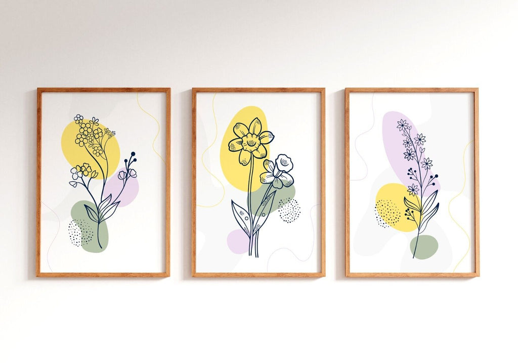 Flower line drawing posters illustration art prints | set of three prints