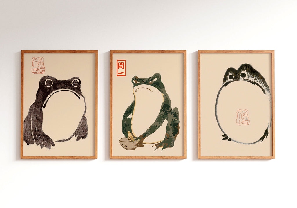 Japanese frog art print Matsumoto Hoji Frog | Cute angry toad, Exhibition print set of 3,