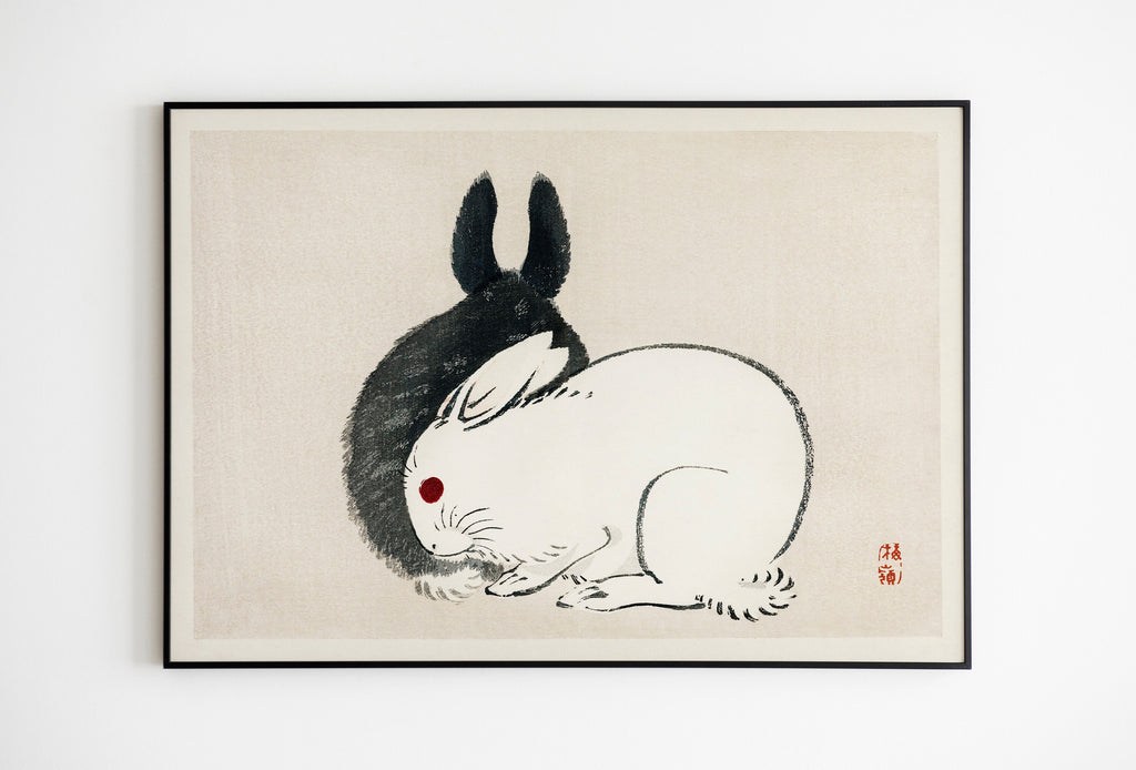 Black and white rabbits Art Print by Kōno Bairei Vintage Poster |  exhibition quality print