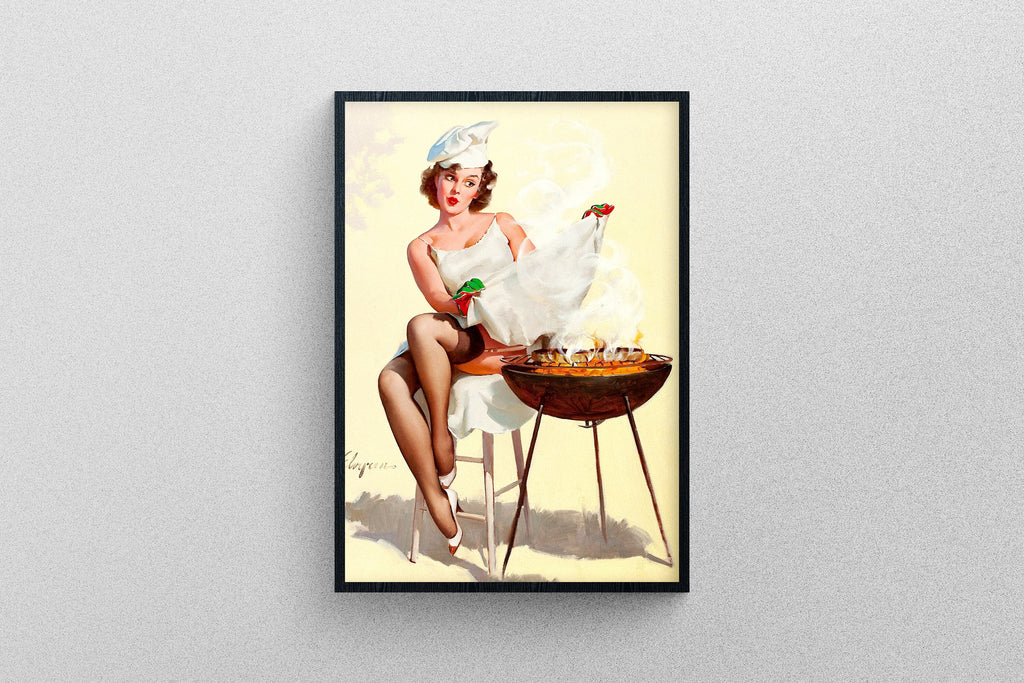 Vintage Pin-Up Girl Barbeque Chef 1950s Print in High Resolution