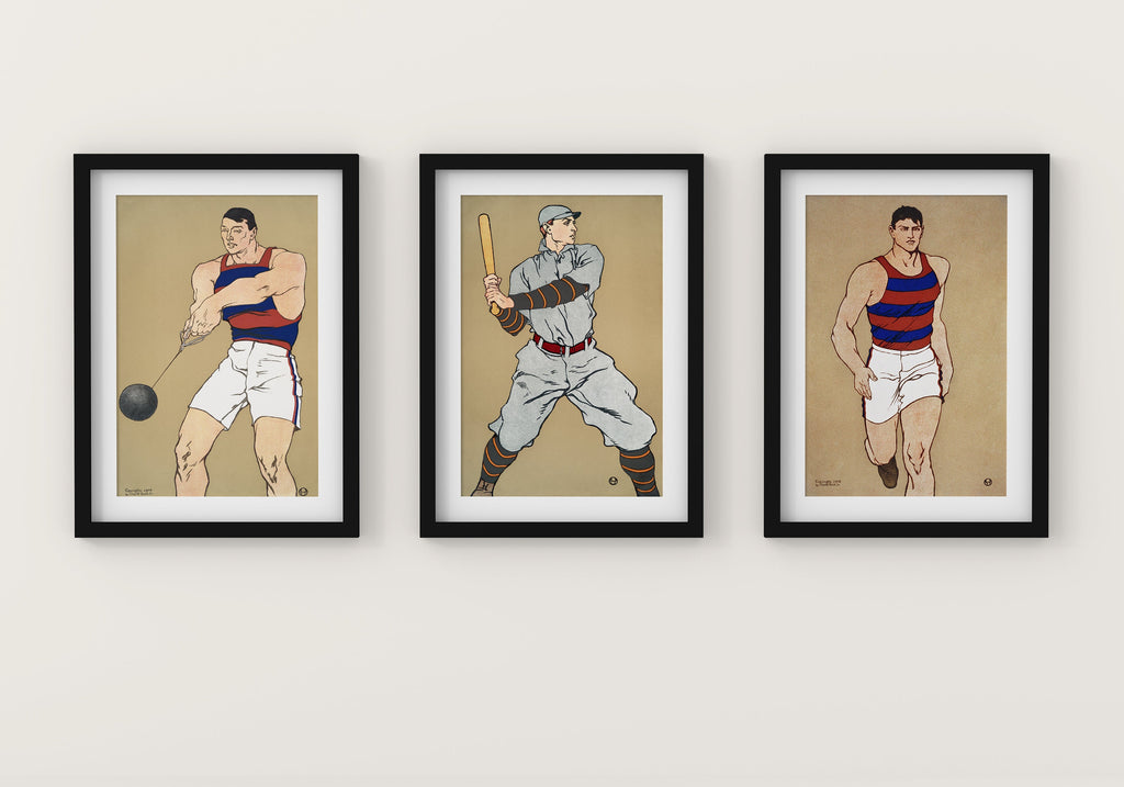 Athletes 1908 Vintage sports Poster by Edward Penfield Print (Set of 3)